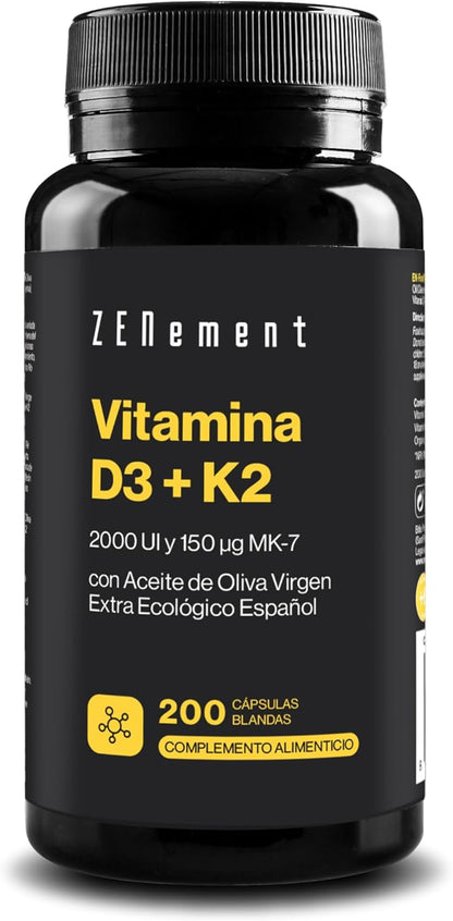 Vitamina D3 + K2 | Vitamina D3 2000UI Vitamina K2 MK7 150 Μg Alta Biodisponibilidad, 200 Perlas Con Aceite Oliva Virgen Extra Ecológico Español | Contribuye Al Sistema Inmunológico, Huesos | Zenement
